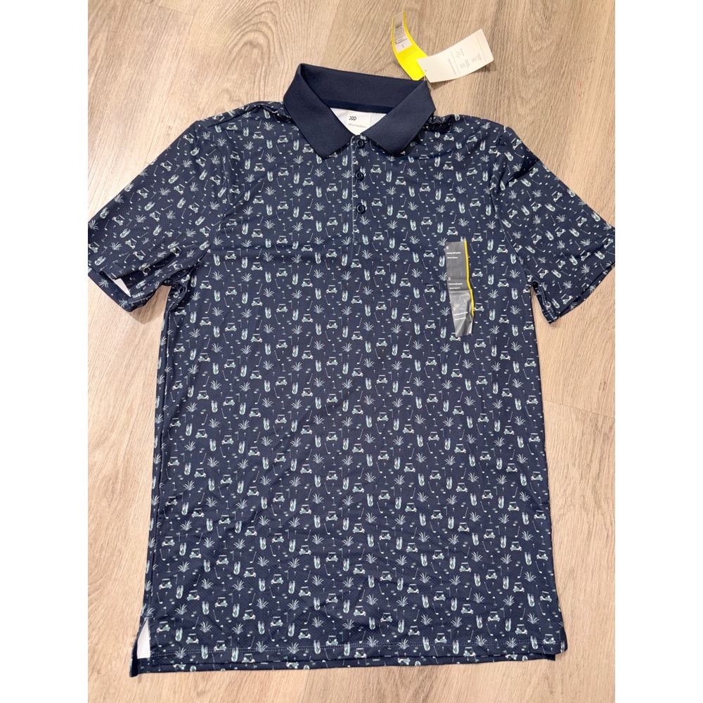 All In Motion Mens Golf Polo Shirt Navy‎ Blue Golf Cart Cactus Print NWT Small